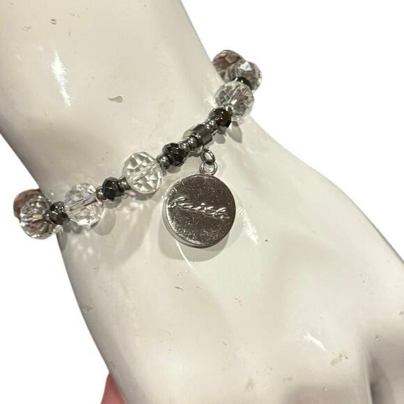 Rustic Cuff Christian Faith Stretch Bracelet Silver & Clear Beads Charm Logo - Picture 1 of 16